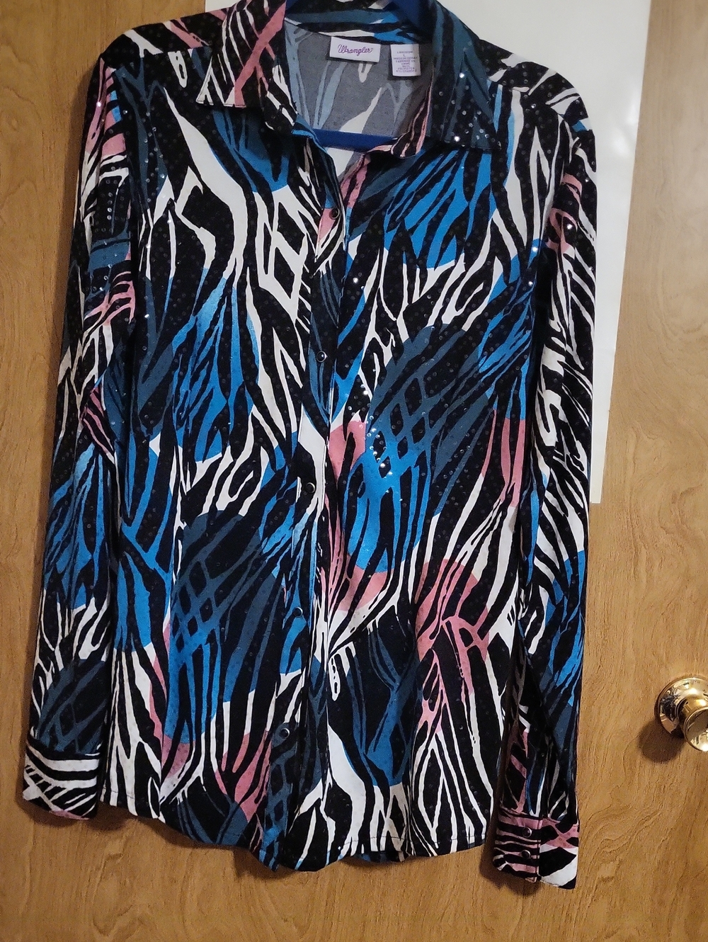 Wrangler Women's Abstract Zebra-Stripe Shirt in Blue, Pink White, Sparkles Large